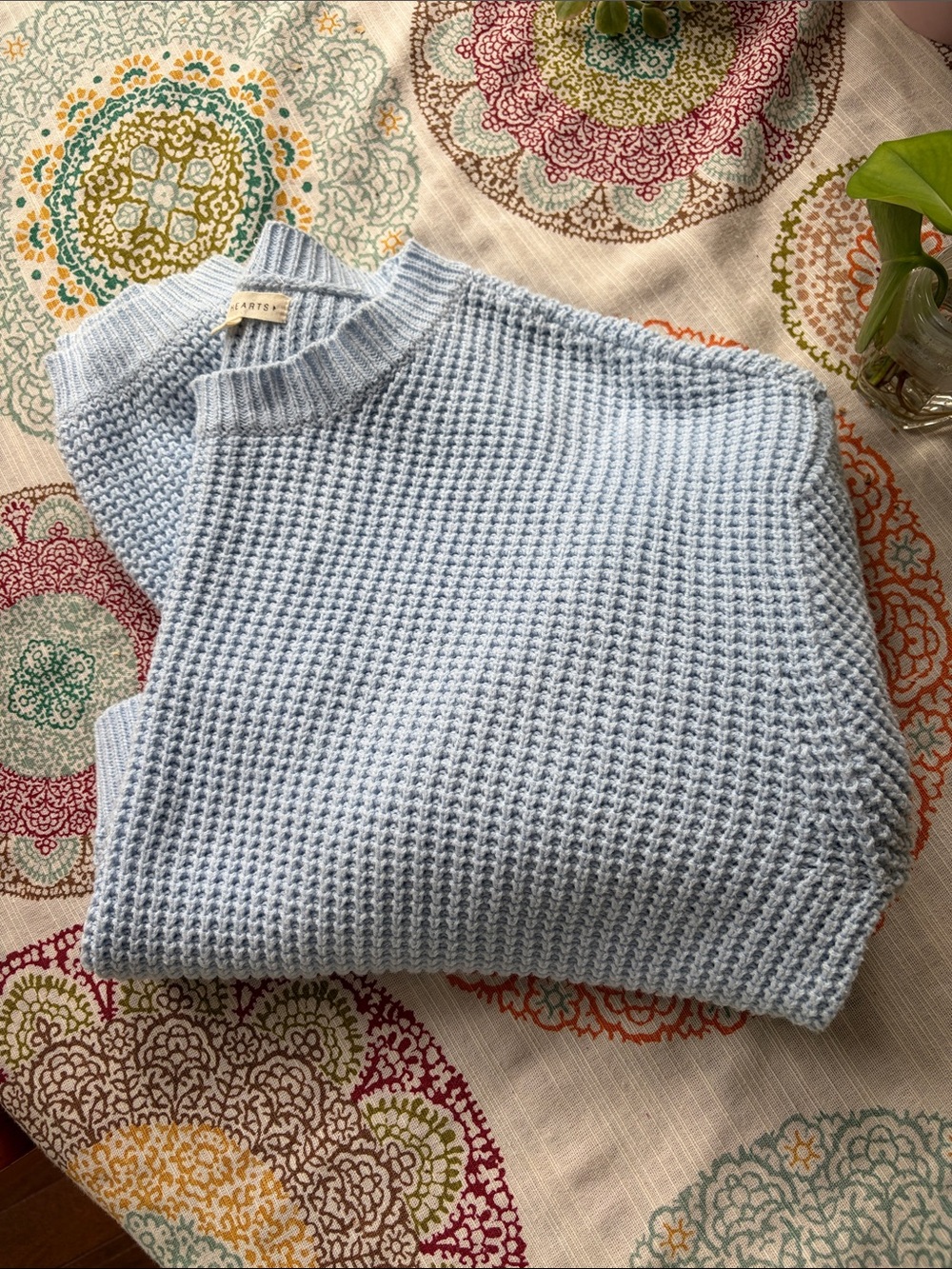 La Hearts Pale Blue Cropped Waffle Knit Crew Sweater